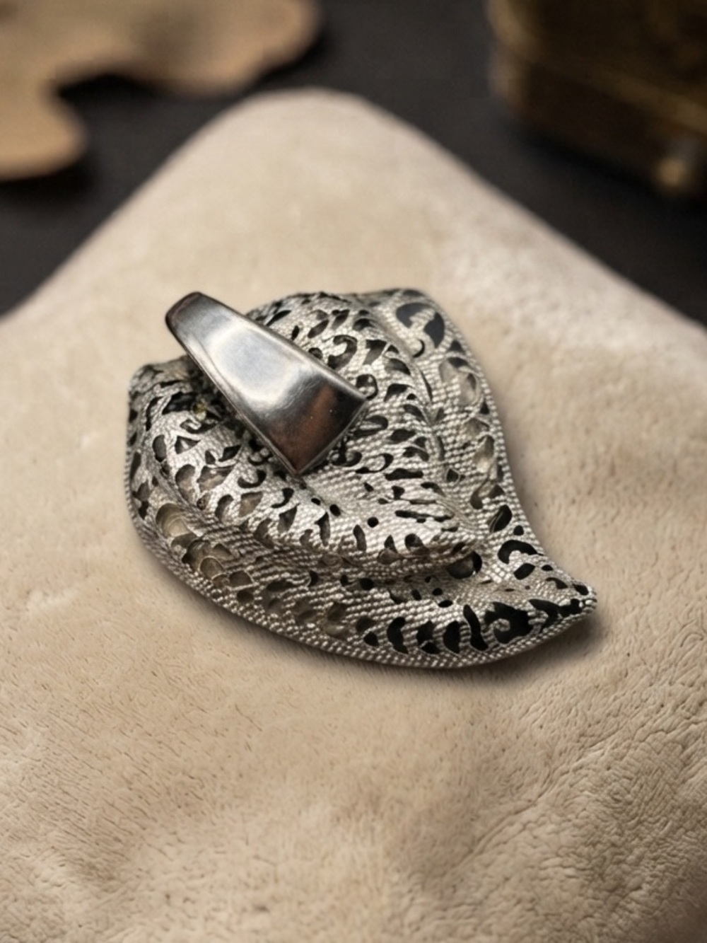 MCM Silver-Tone Filigree Leaf Brooch